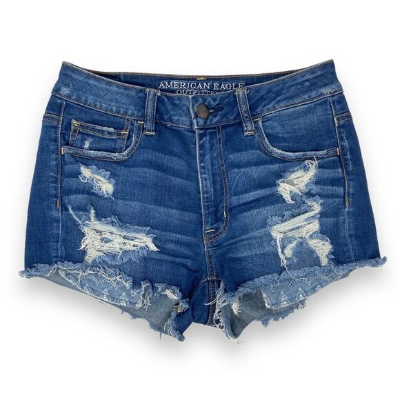 American Eagle Hi-Rise Shortie Distressed Jean Shorts Women’s Size 8 - Picture 1 of 6